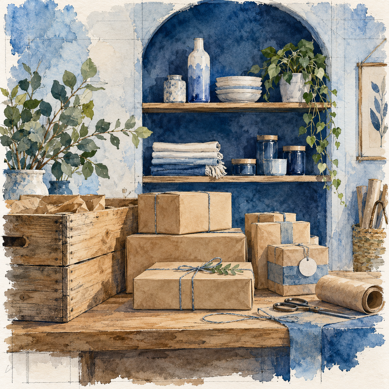 Illustration of local small-business storefront: neatly packed inventory, a display niche, a delivery crate