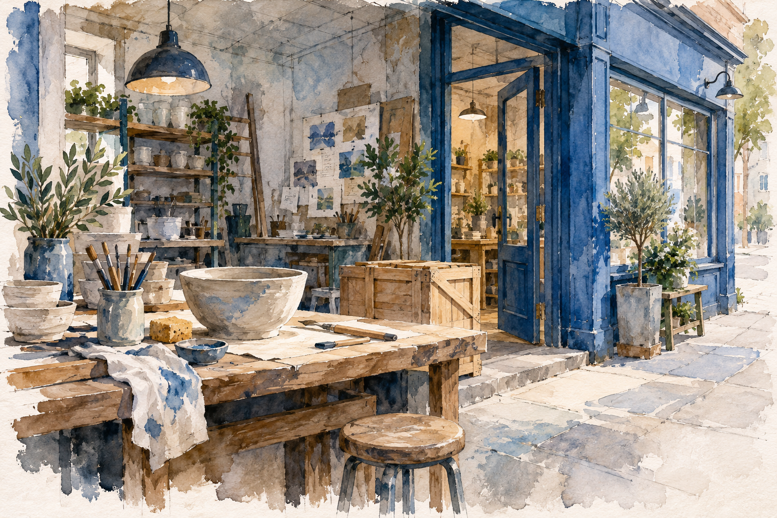 Illustration of local small-business storefront: a delivery crate, a welcoming doorway, a modest unlettered shopfront