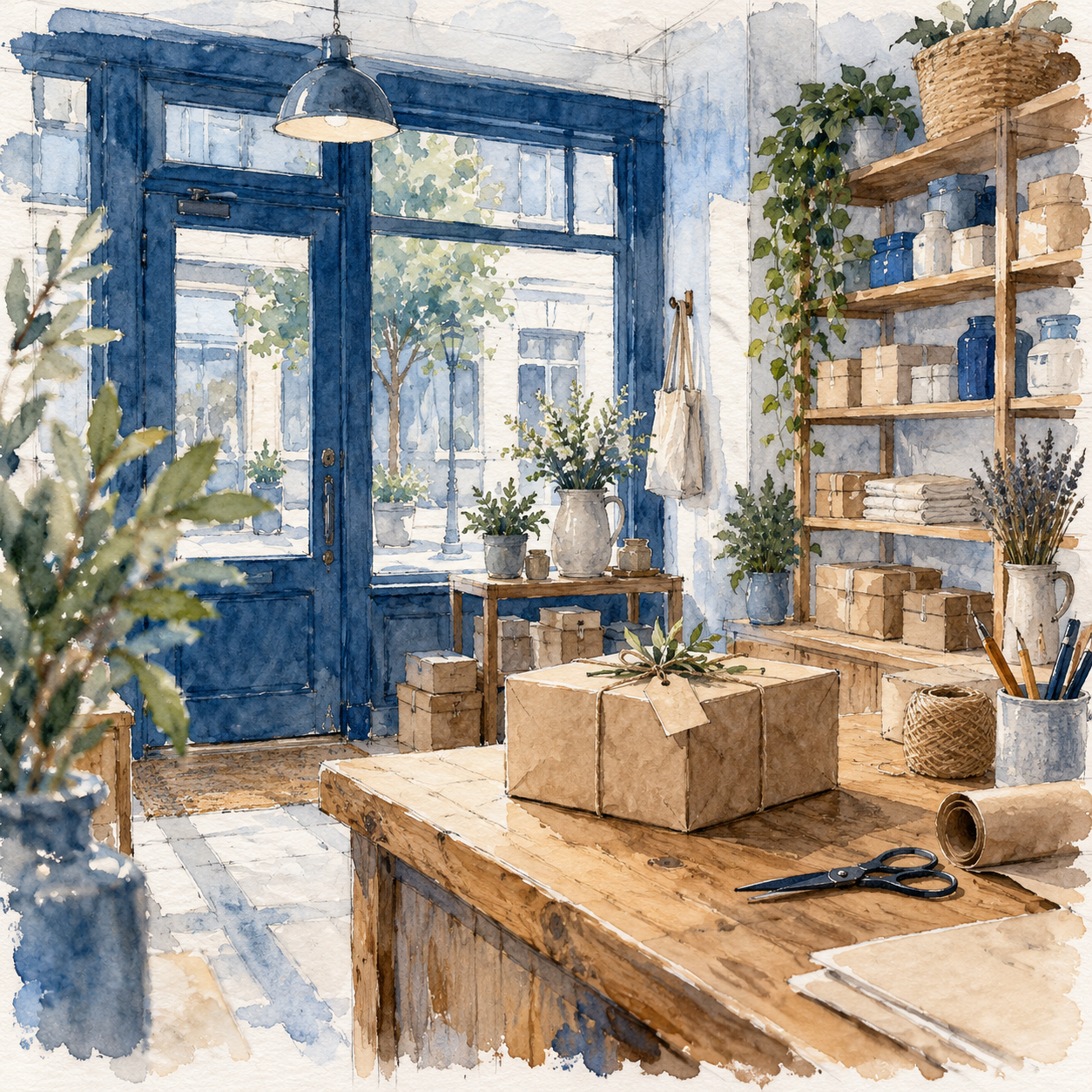 Illustration of local small-business storefront: a modest unlettered shopfront, a timber counter, neatly packed inventory